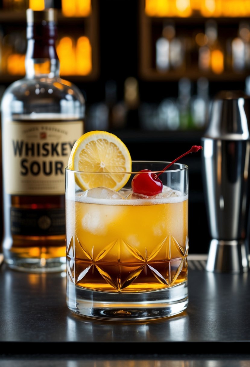 A glass filled with Whiskey Sour, garnished with a slice of lemon and a cherry, set on a bar counter with a cocktail shaker and a bottle of whiskey in the background