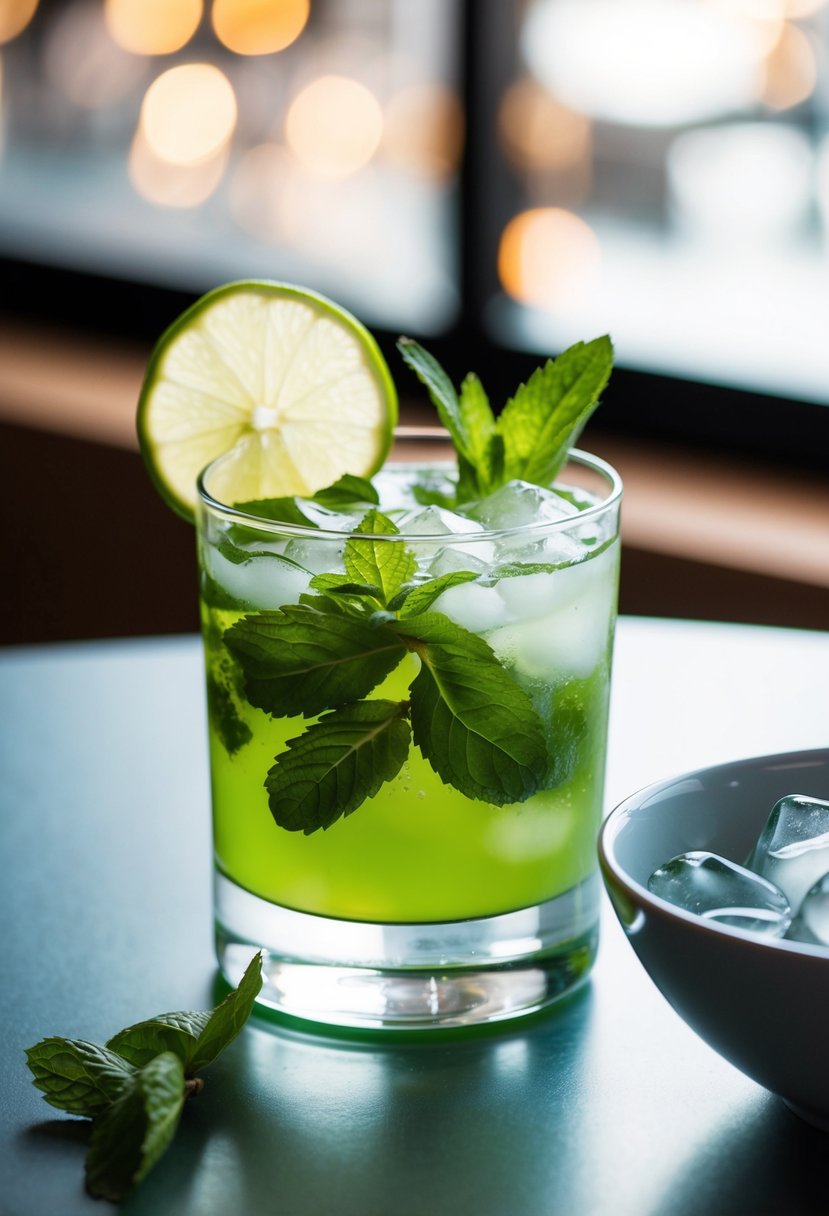 A glass filled with a refreshing green mojito cocktail, garnished with mint leaves and a slice of lime, sitting on a table with a bowl of ice