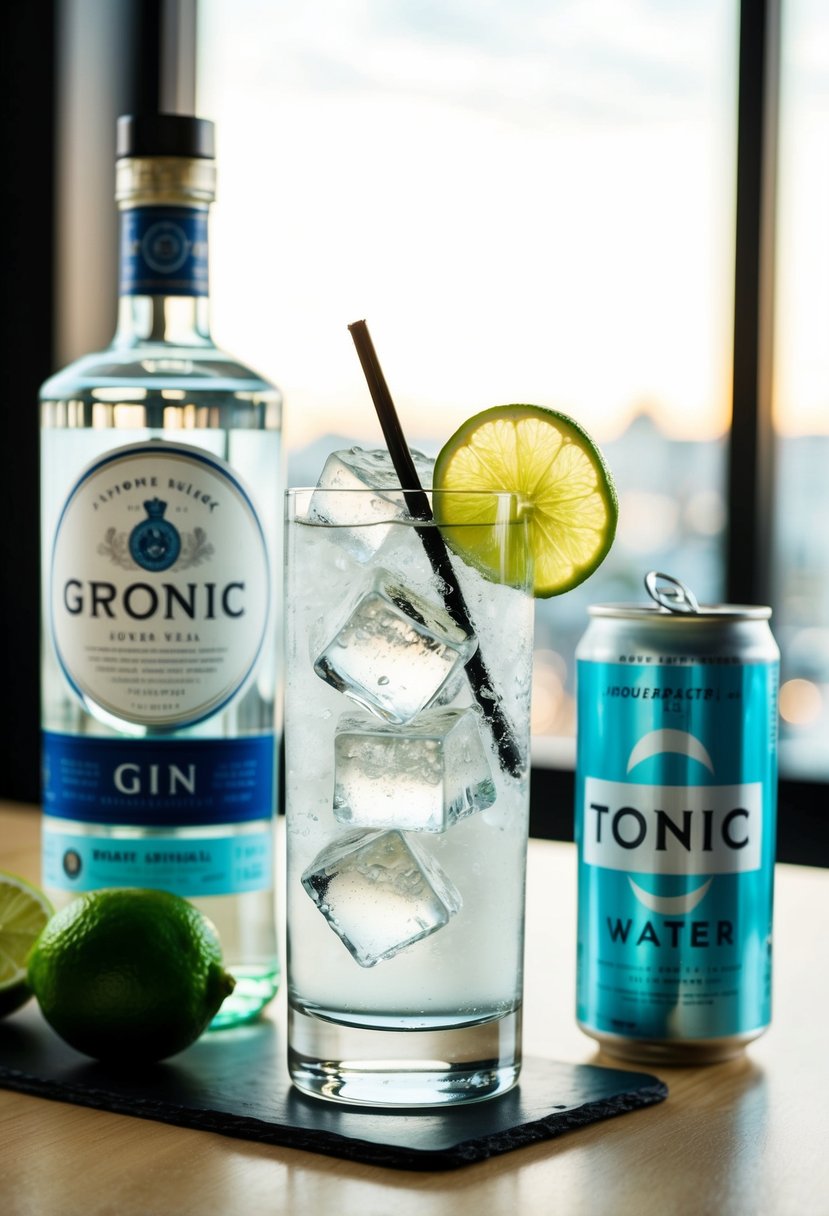 A tall glass filled with clear liquid, ice cubes, and a slice of lime, accompanied by a bottle of gin and a tonic water can