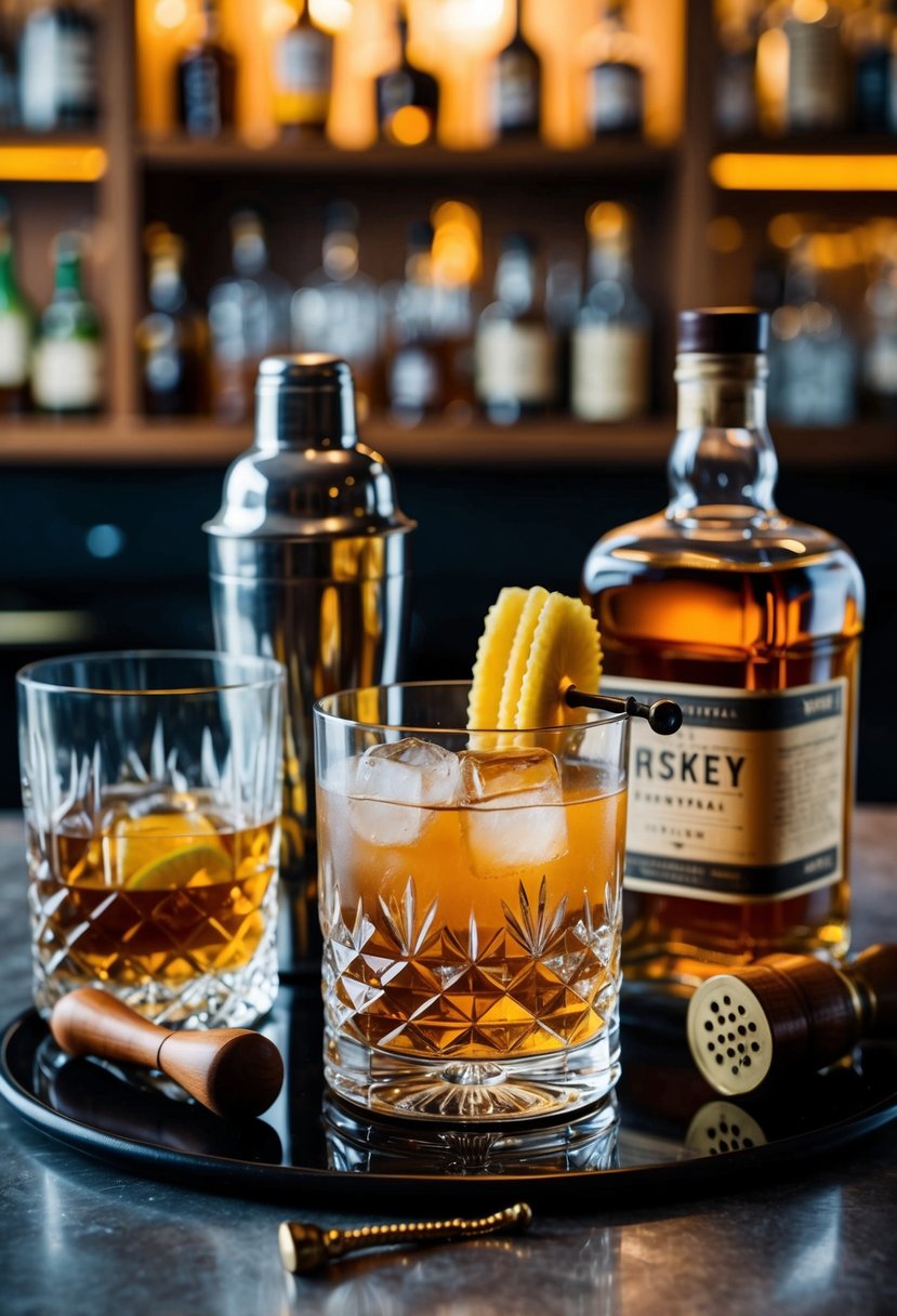 A vintage bar setting with a crystal glass filled with an Old Fashioned cocktail, surrounded by a shaker, muddler, and a bottle of whiskey