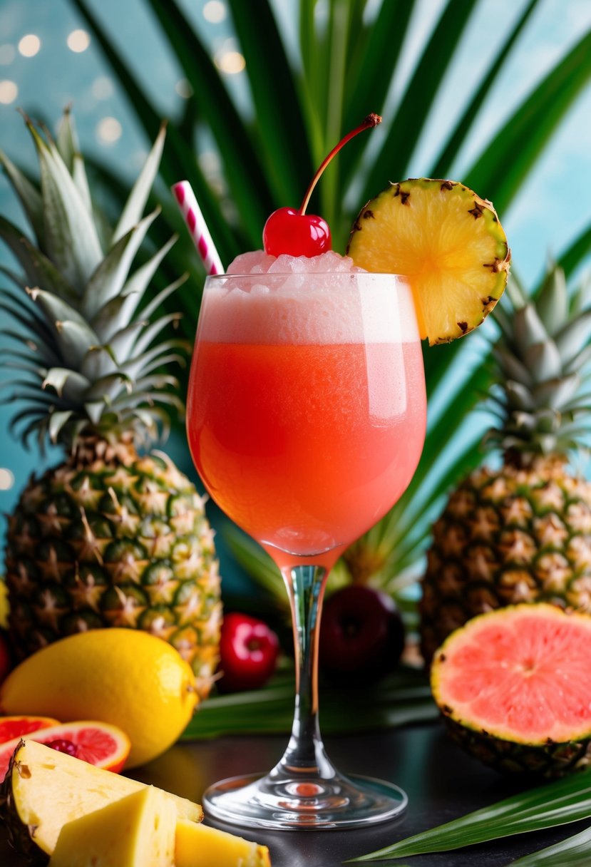 A glass filled with a bright pink frozen daiquiri, garnished with a slice of pineapple and a cherry, surrounded by tropical fruits and palm leaves