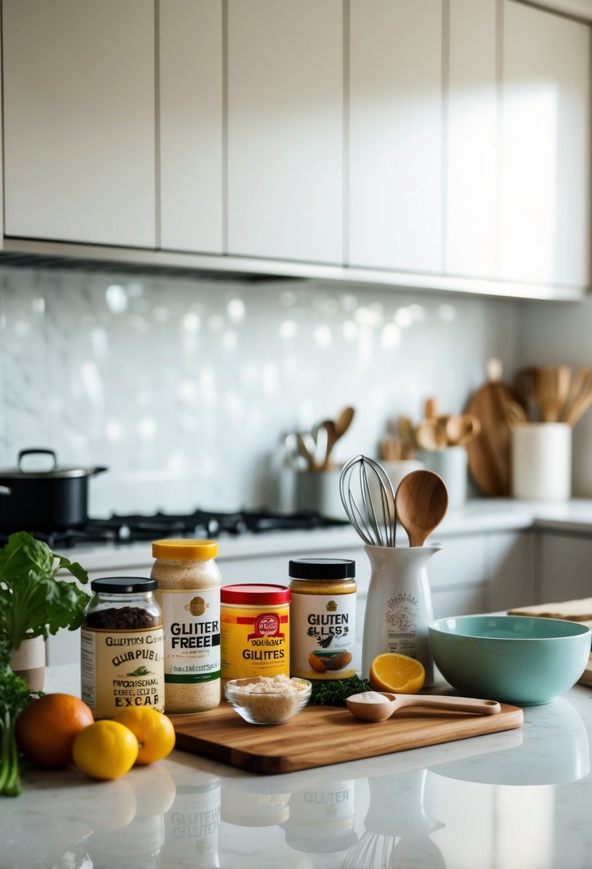 A kitchen counter with various gluten-free ingredients and cooking utensils