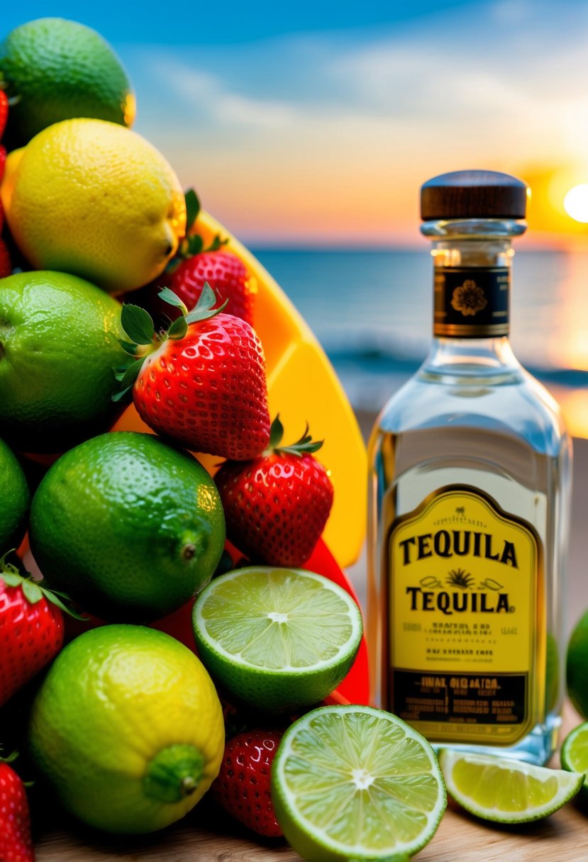 A colorful array of fresh limes, vibrant red strawberries, and a bottle of tequila, set against a backdrop of a beach with a sunset