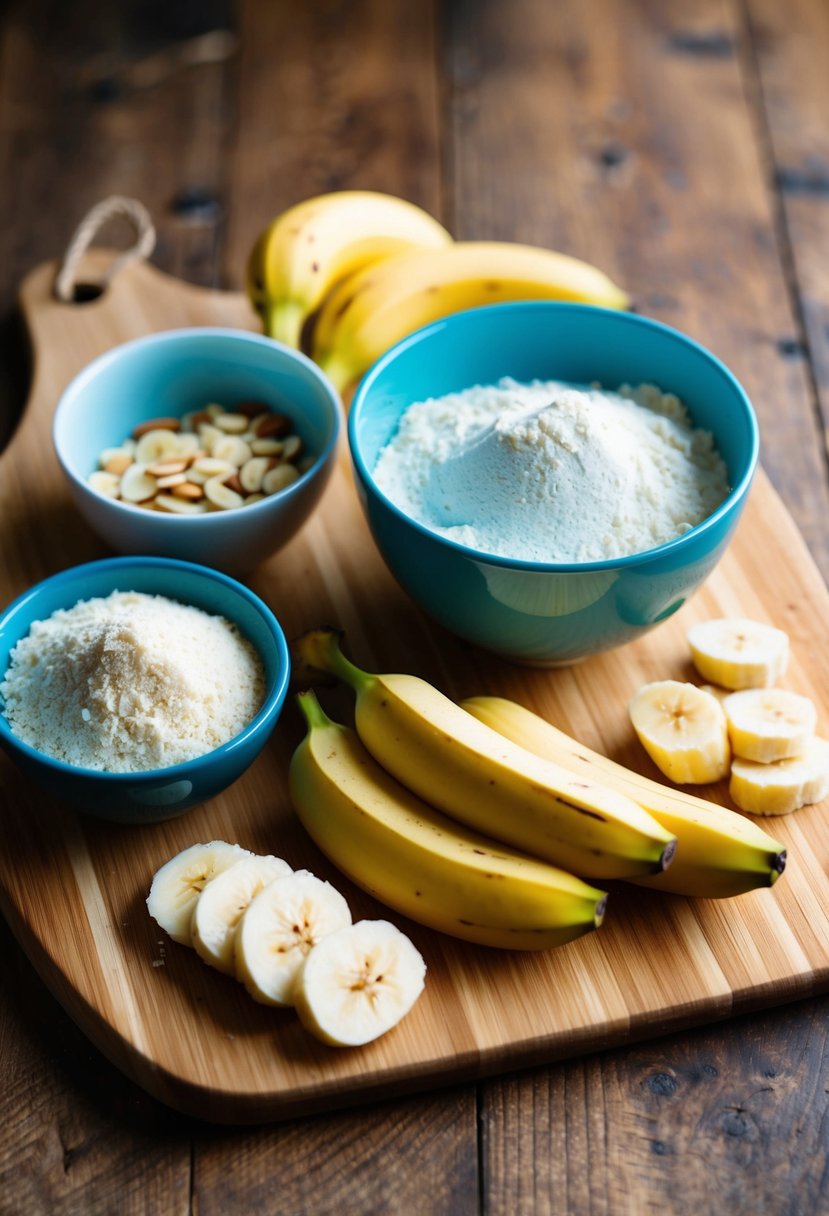 A wooden cutting board with sliced bananas, almond flour, and a mixing bowl filled with gluten-free ingredients for banana bread