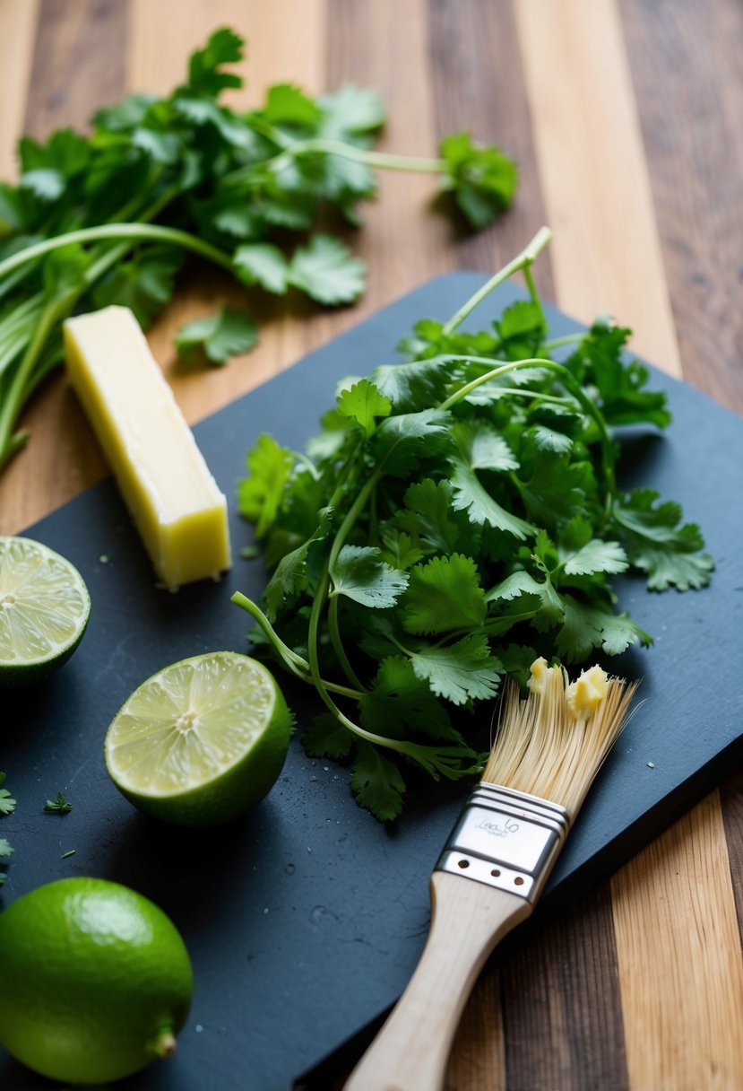 Fresh cilantro and lime sit on a cutting board next to a stick of butter. A grilling brush is ready to mix the ingredients