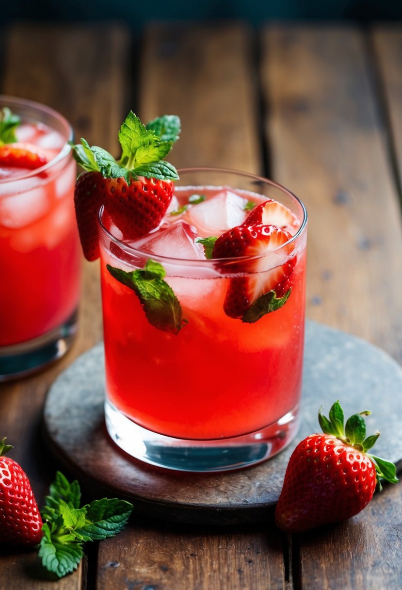 A glass filled with a vibrant red Strawberry Mule cocktail, garnished with fresh strawberries and a sprig of mint, set on a rustic wooden table