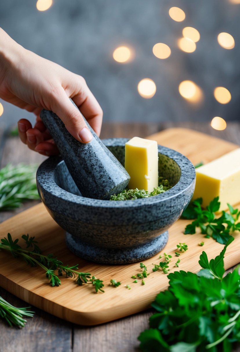 A wooden cutting board with fresh herbs and a stick of butter being blended together with a mortar and pestle