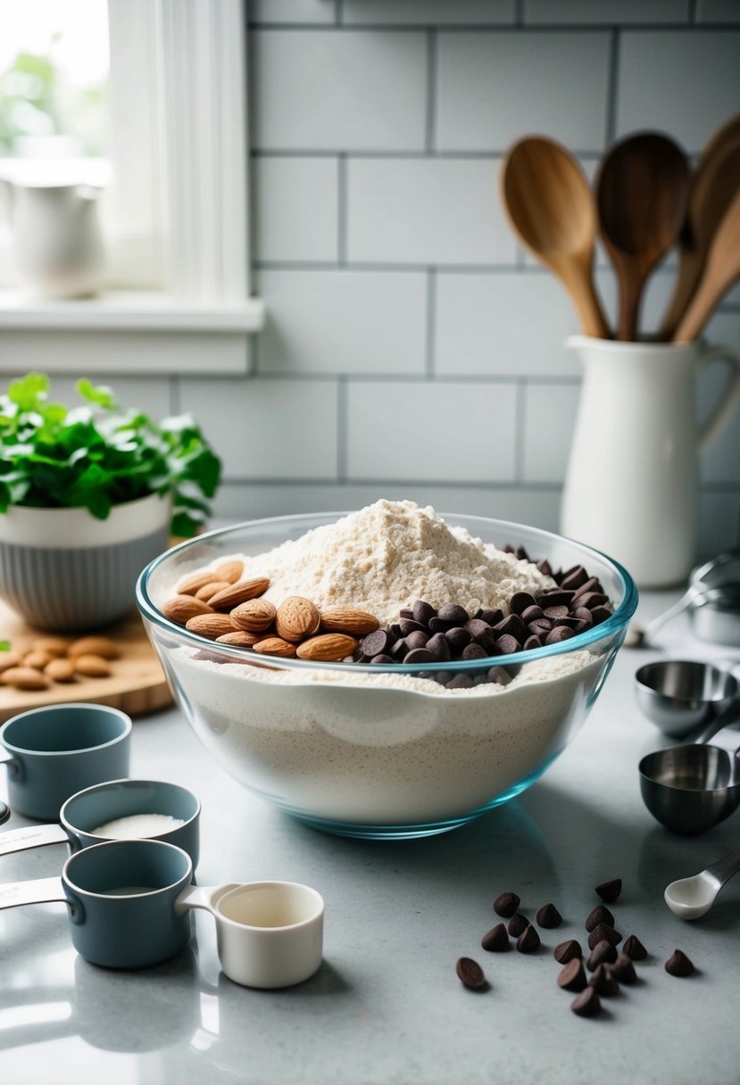 A mixing bowl filled with almond flour, chocolate chips, and other ingredients, surrounded by measuring cups and spoons on a kitchen counter