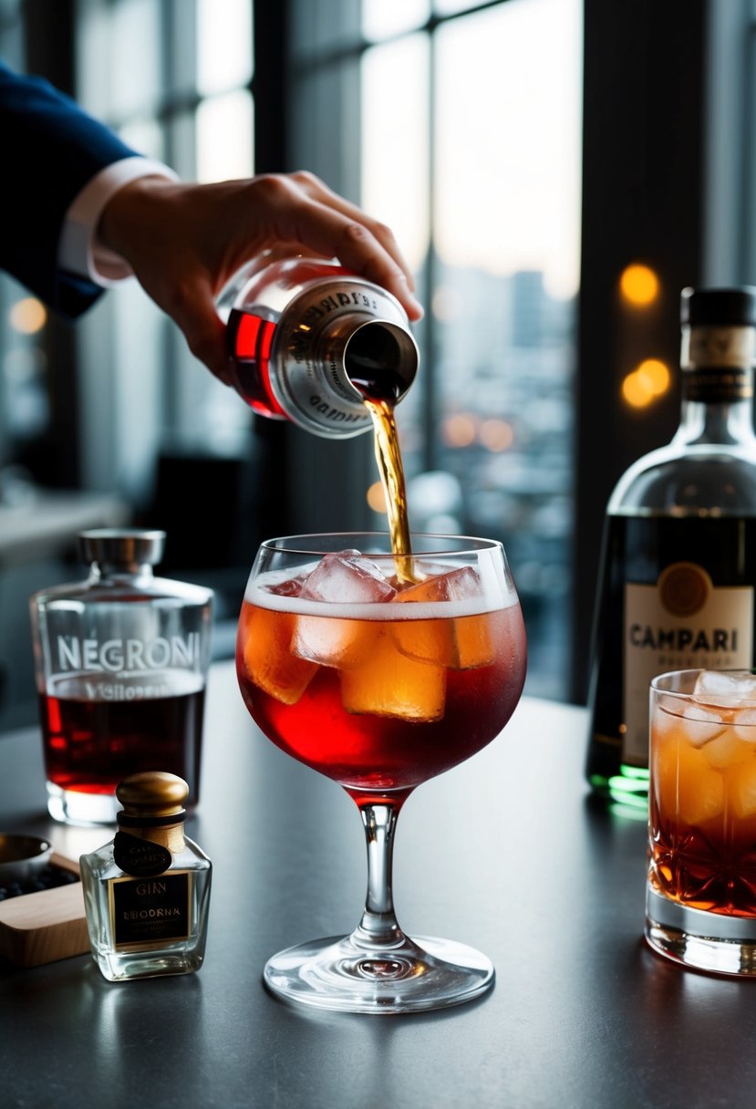 A classic Negroni cocktail being expertly prepared with gin, vermouth, and Campari over ice in a sleek, stemmed glass