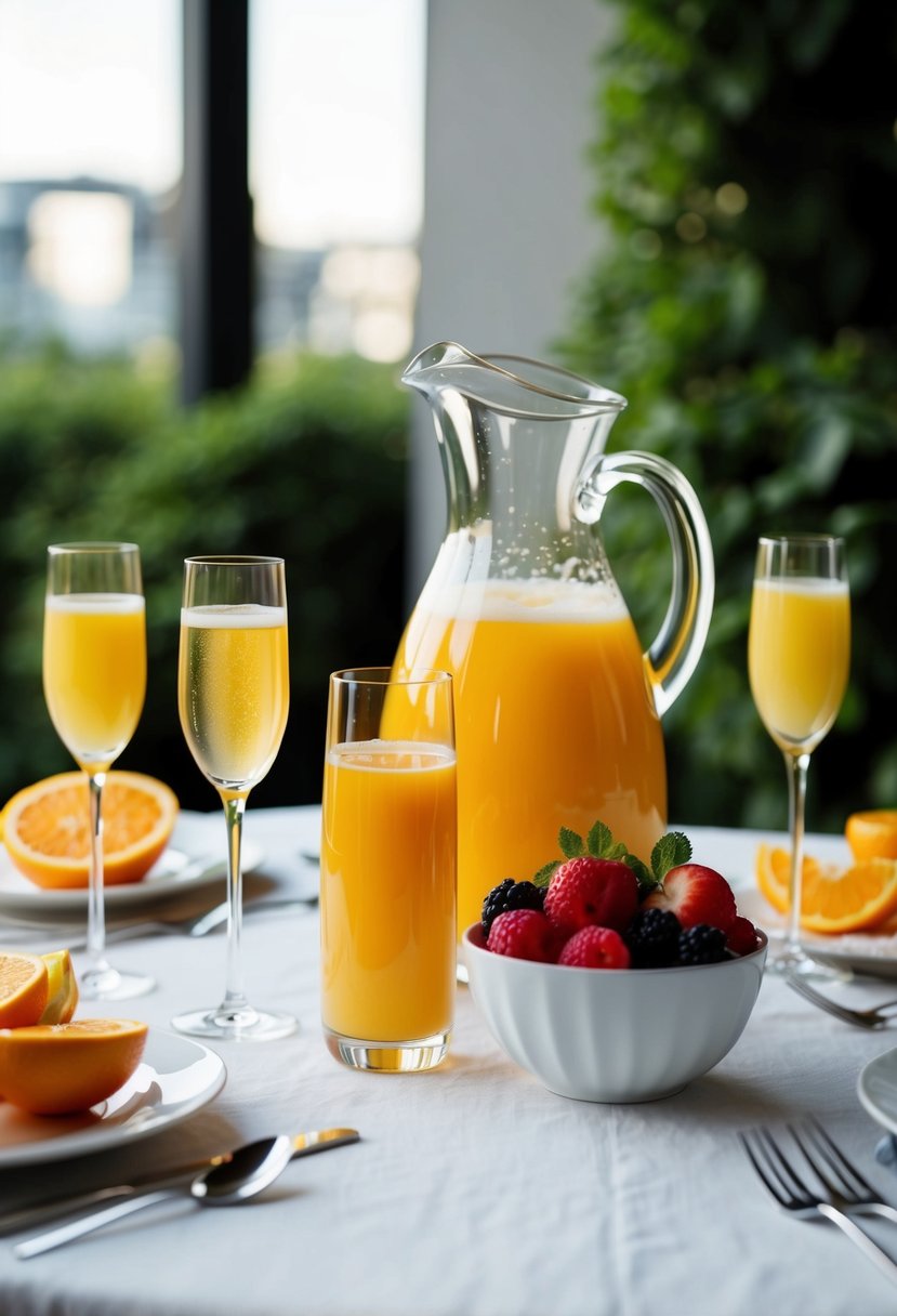 A table set with a pitcher of orange juice, champagne, and fresh fruit for making mimosas