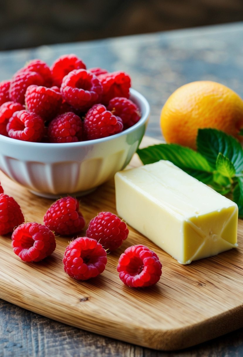 A bowl of fresh raspberries and citrus fruits next to a block of butter on a wooden cutting board