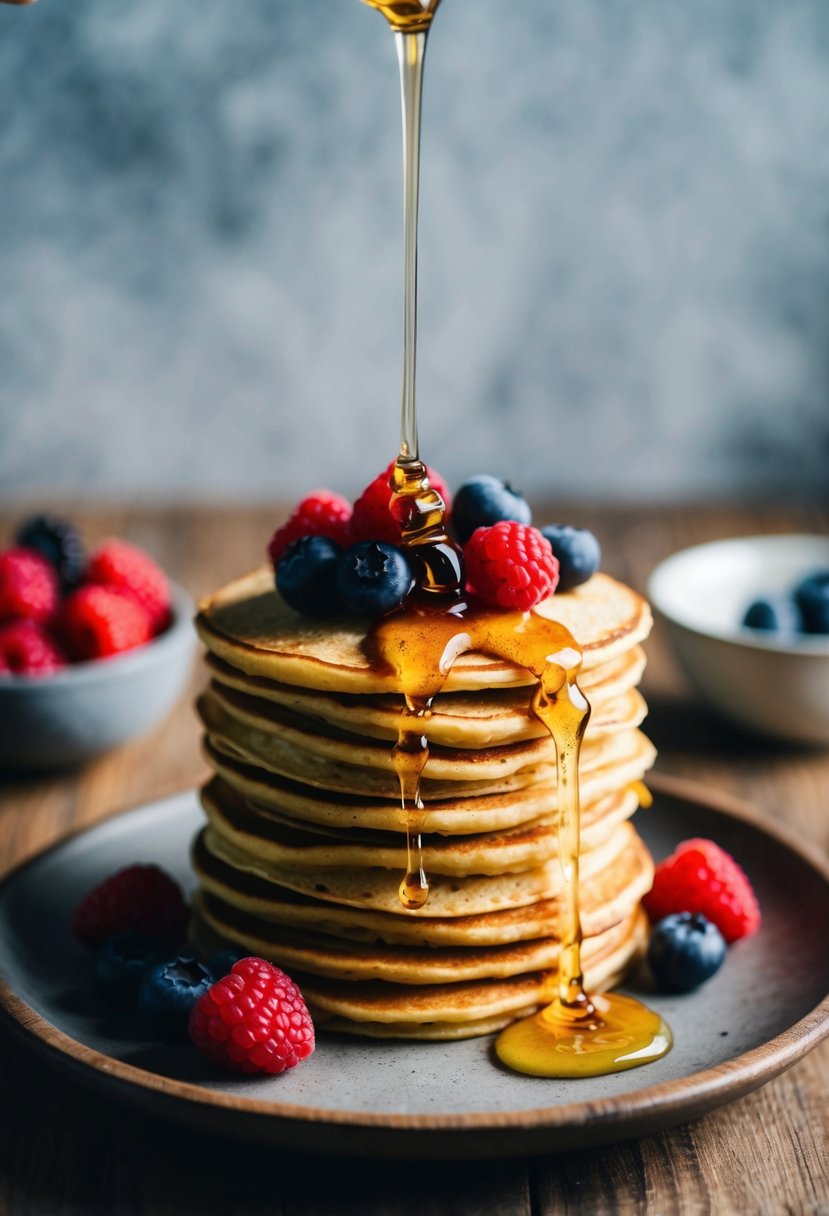 A stack of chickpea flour pancakes topped with fresh berries and a drizzle of honey, served on a rustic wooden plate