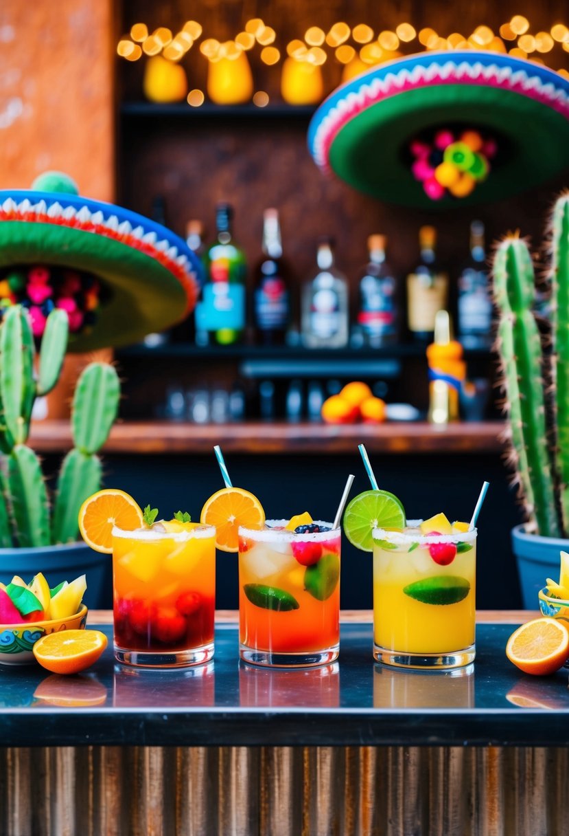 A rustic bar with colorful cocktails and tropical fruits, surrounded by cacti and sombreros