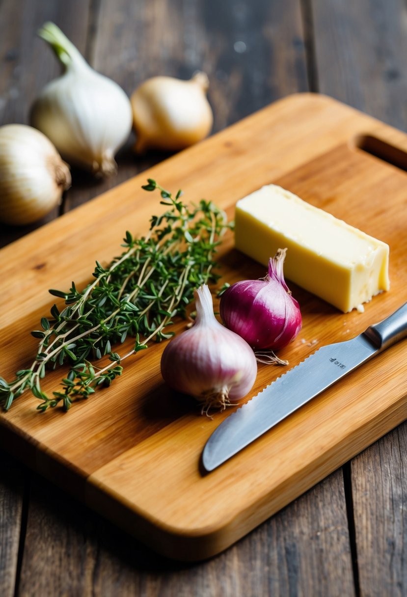 A wooden cutting board with fresh thyme, shallots, and butter