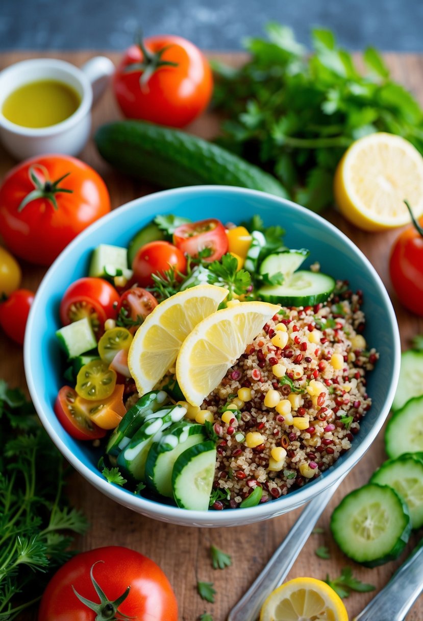 A colorful bowl of quinoa salad with fresh vegetables and a tangy lemon vinaigrette dressing, surrounded by ingredients like tomatoes, cucumbers, and herbs