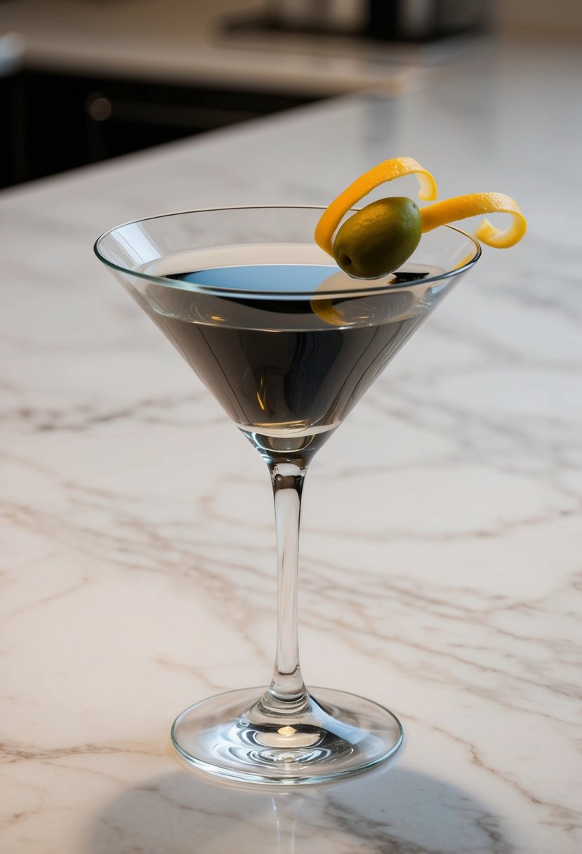 A sleek, crystal-clear martini glass sits on a marble countertop, garnished with a single olive and a twist of lemon peel