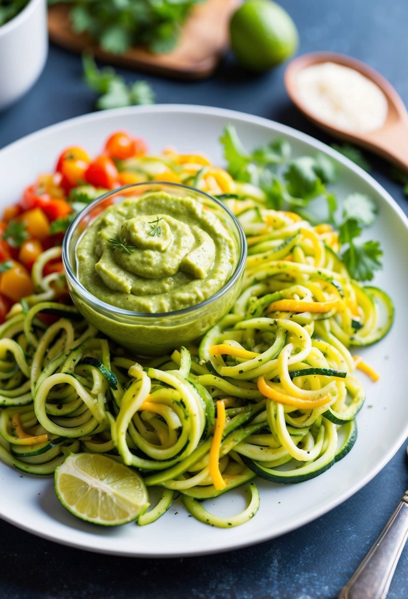 A colorful array of zucchini noodles and vibrant avocado pesto sauce arranged on a plate