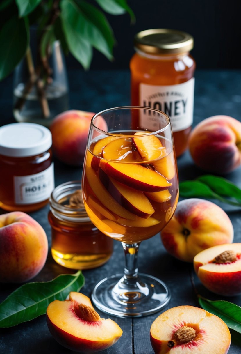 A glass filled with peach slices and honey, surrounded by fresh peaches and a jar of honey