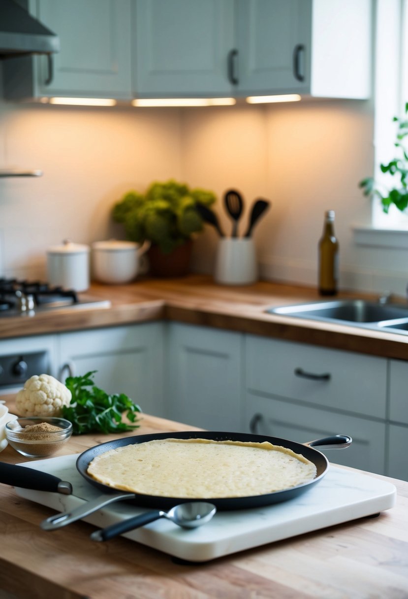 A kitchen counter with ingredients and utensils for making cauliflower pizza crust