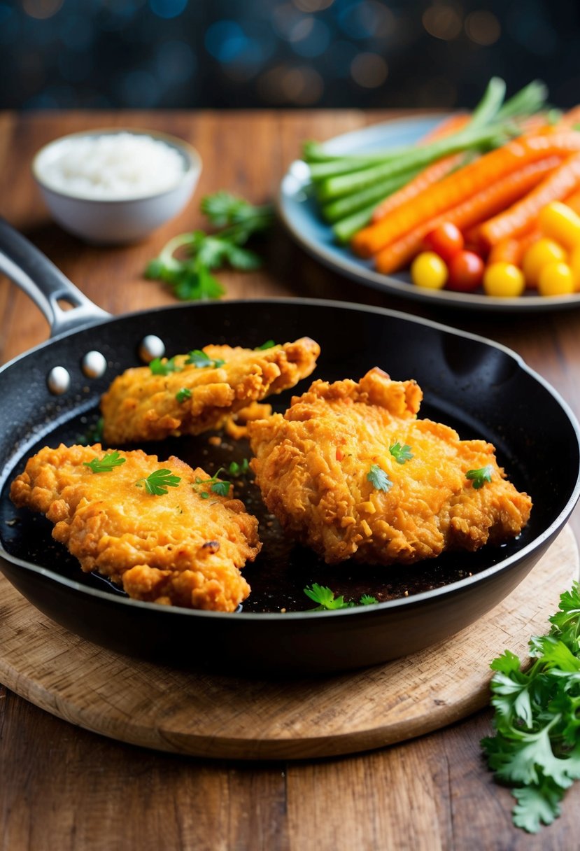 A sizzling skillet holds golden-brown, crispy gluten-free fried chicken with a side of fresh, colorful vegetables