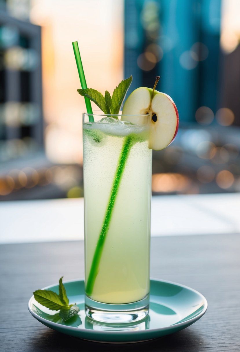 A tall glass filled with a fizzy, pale green liquid, garnished with a slice of apple and a sprig of fresh mint