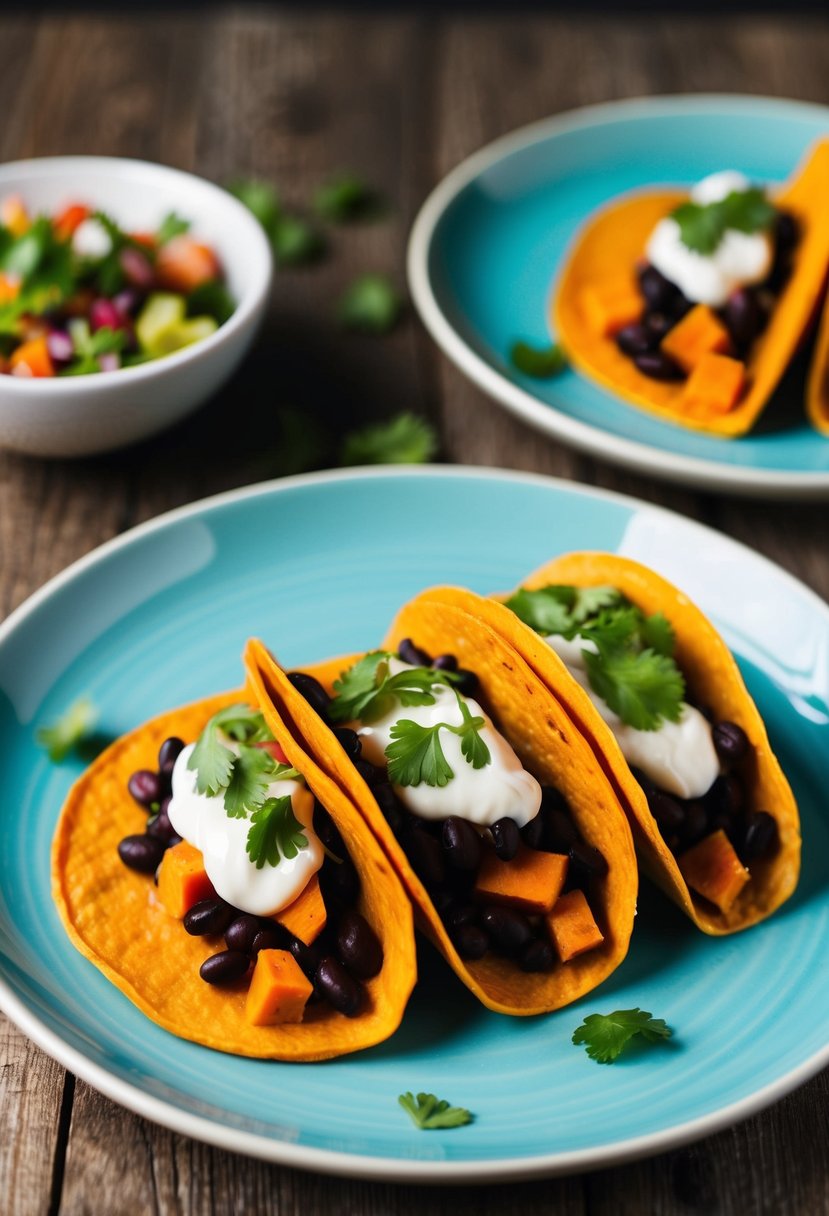 A colorful plate of sweet potato and black bean tacos with fresh toppings on a wooden table