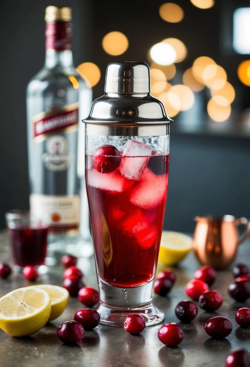 A cocktail shaker filled with ice, cranberry juice, vodka, and lemon juice, surrounded by fresh cranberries and lemon slices