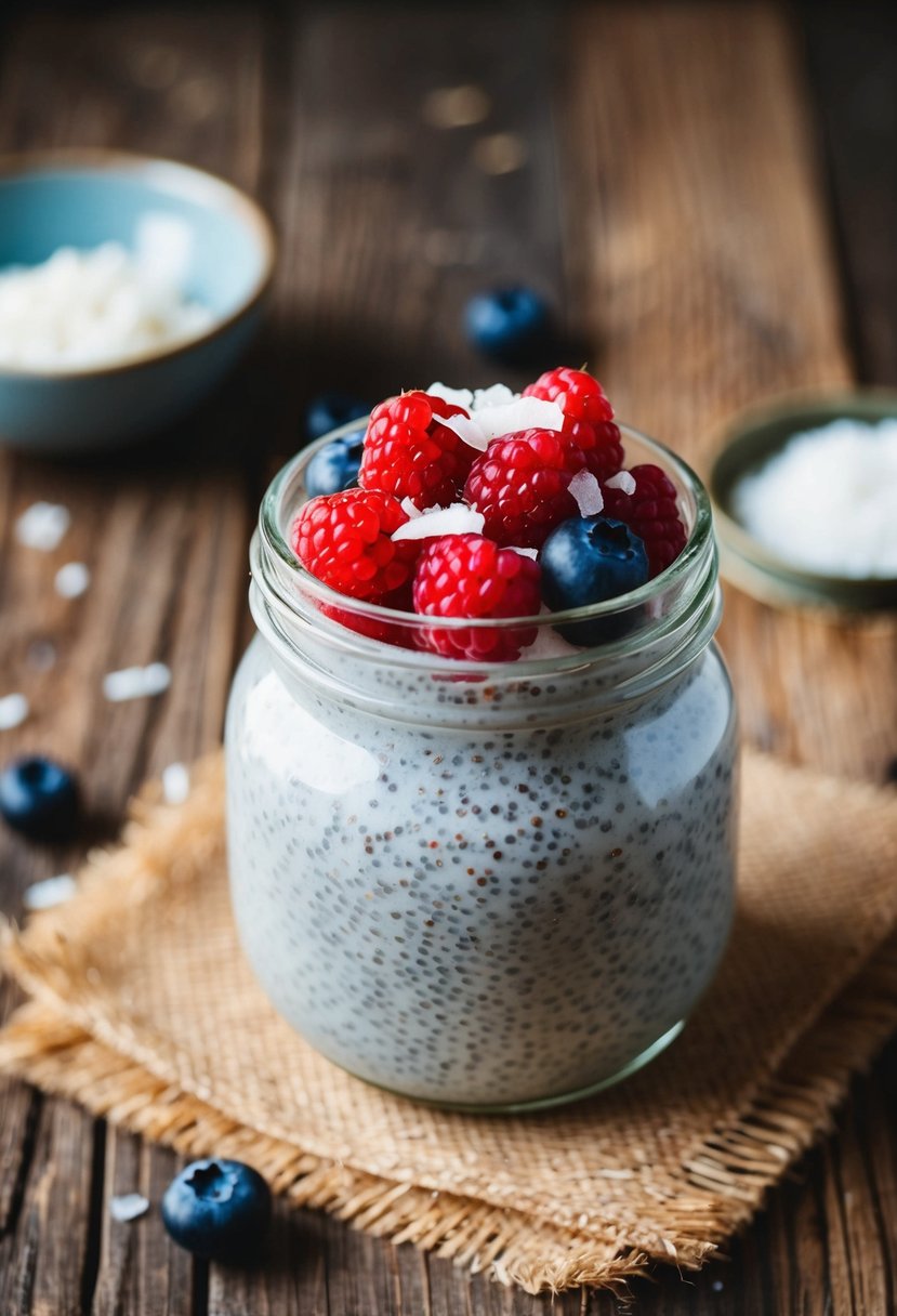 A glass jar filled with chia seed pudding topped with fresh berries and a sprinkle of coconut flakes, sitting on a rustic wooden table