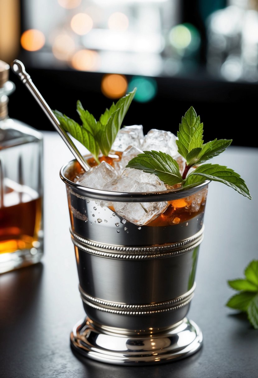 A silver julep cup filled with crushed ice, fresh mint leaves, and a splash of bourbon, garnished with a sprig of mint