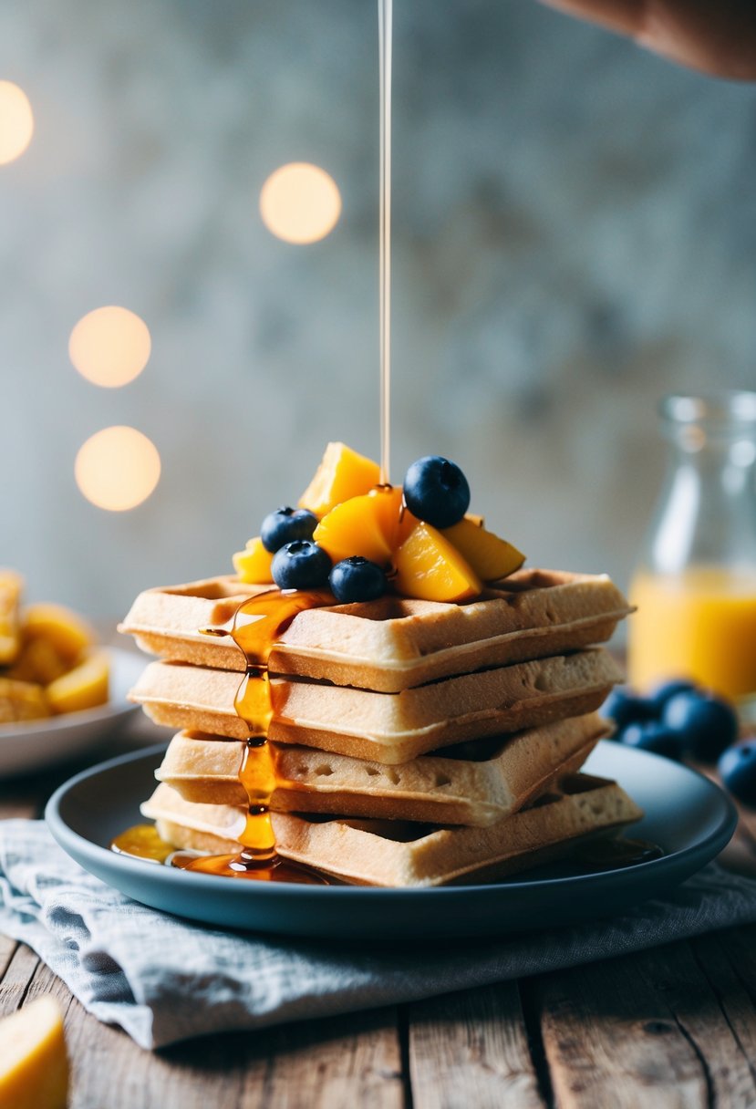 A stack of coconut flour waffles topped with fresh fruit and drizzled with syrup on a rustic wooden table