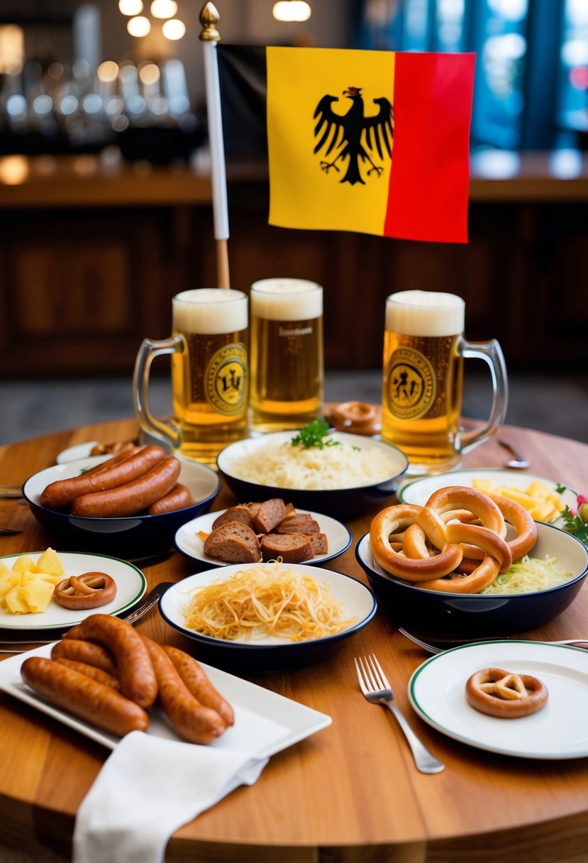 A table set with traditional German dishes, including sausages, sauerkraut, and pretzels, surrounded by beer steins and a Bavarian flag