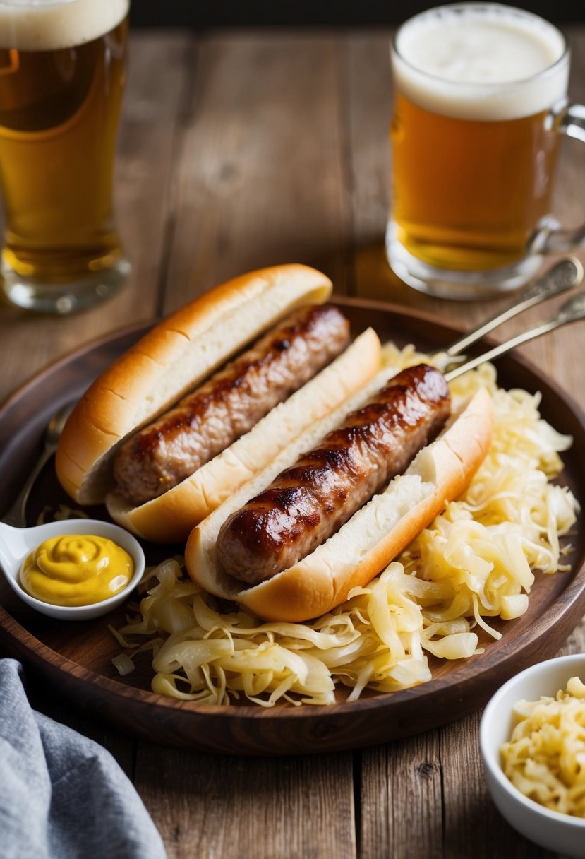 A sizzling bratwurst nestled in a bed of tangy sauerkraut, served on a rustic wooden platter with a side of mustard and a frothy beer