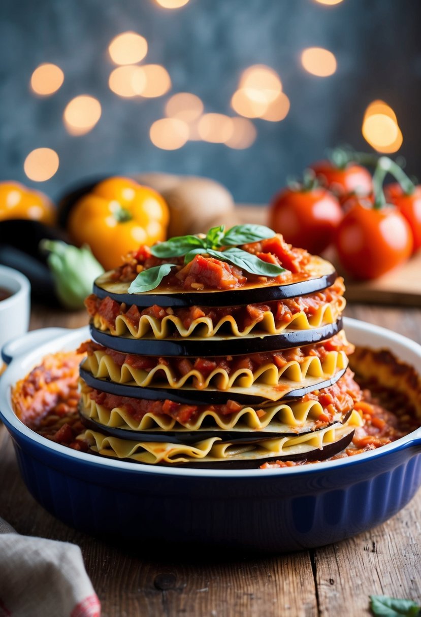 A colorful array of sliced eggplant, tomato sauce, and layers of gluten-free lasagna noodles stacked in a baking dish