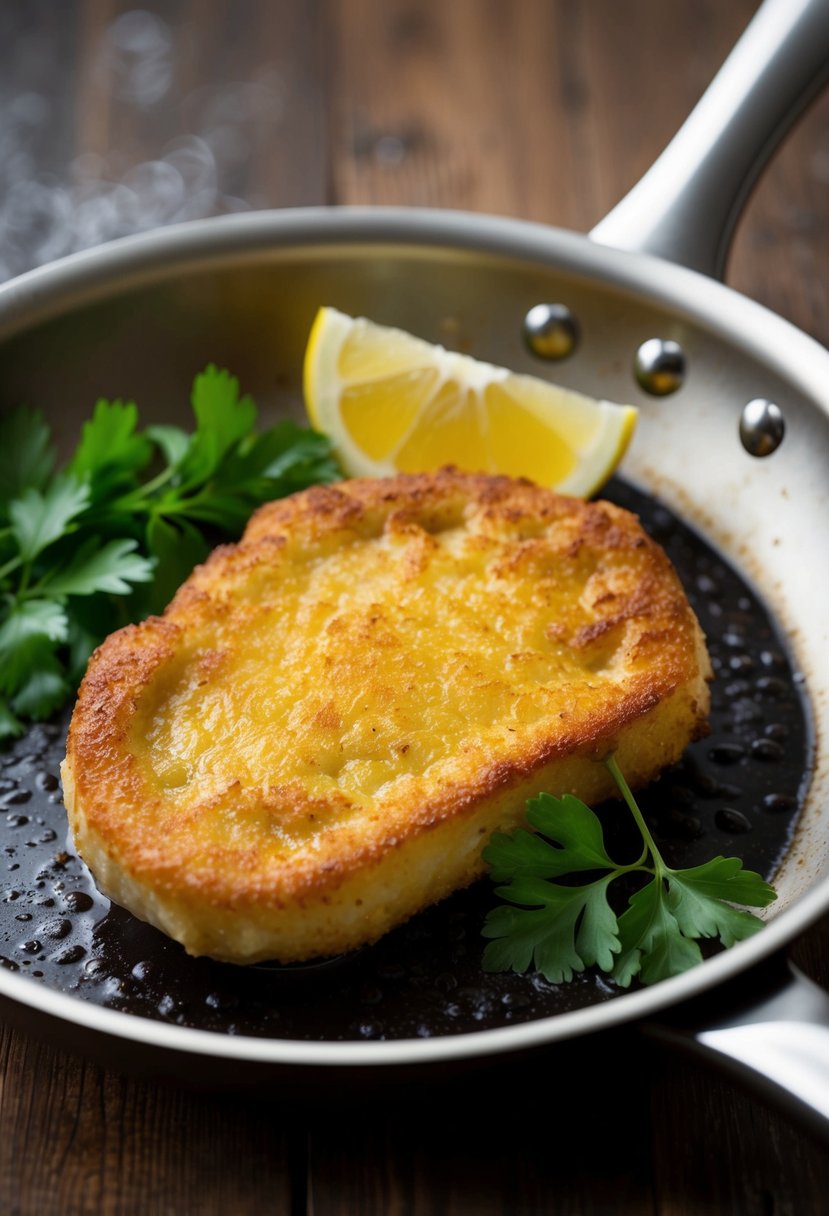 A golden-brown Wiener Schnitzel sizzling in a hot pan, surrounded by a sprig of fresh parsley and a wedge of lemon