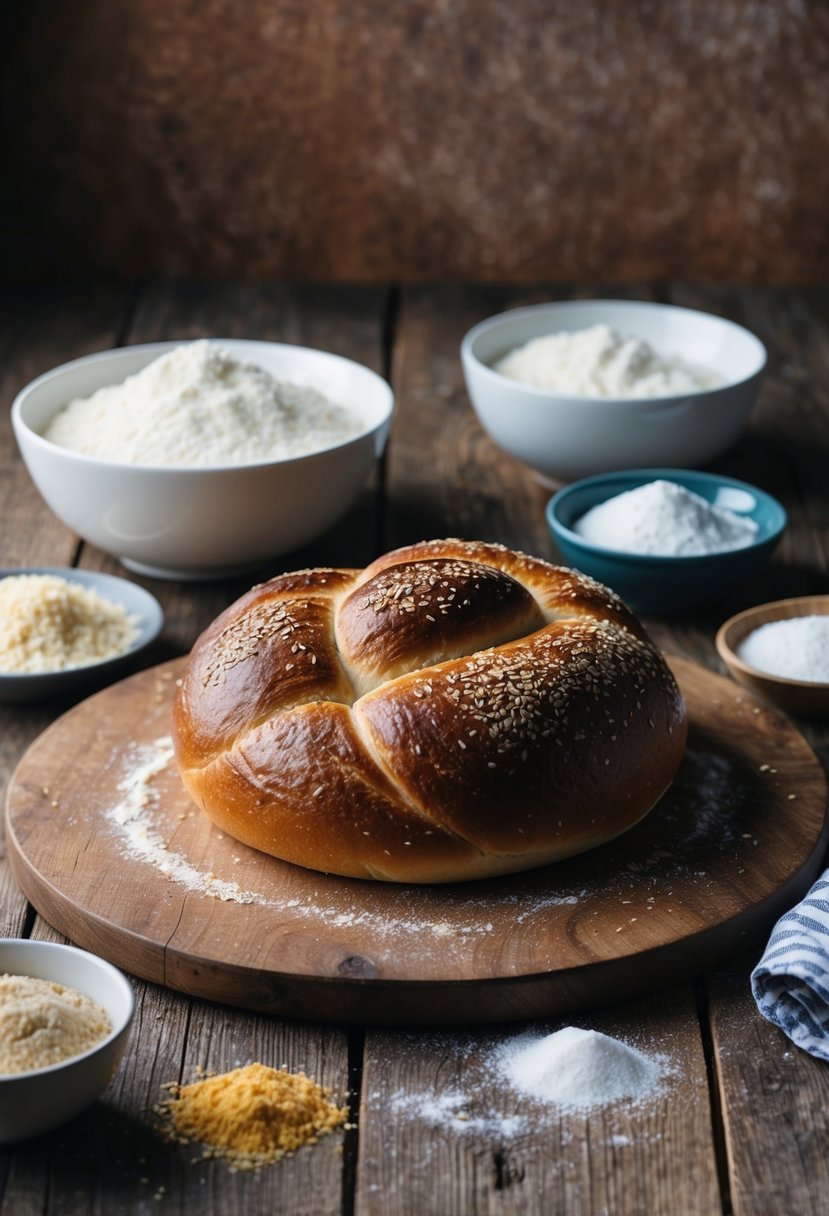 A rustic kitchen table with a freshly baked pretzel bread loaf, surrounded by ingredients like flour, yeast, and salt