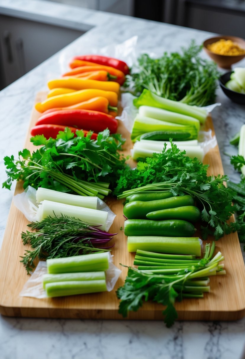 A colorful array of fresh vegetables and herbs laid out on a clean cutting board, ready to be wrapped in thin, translucent rice paper