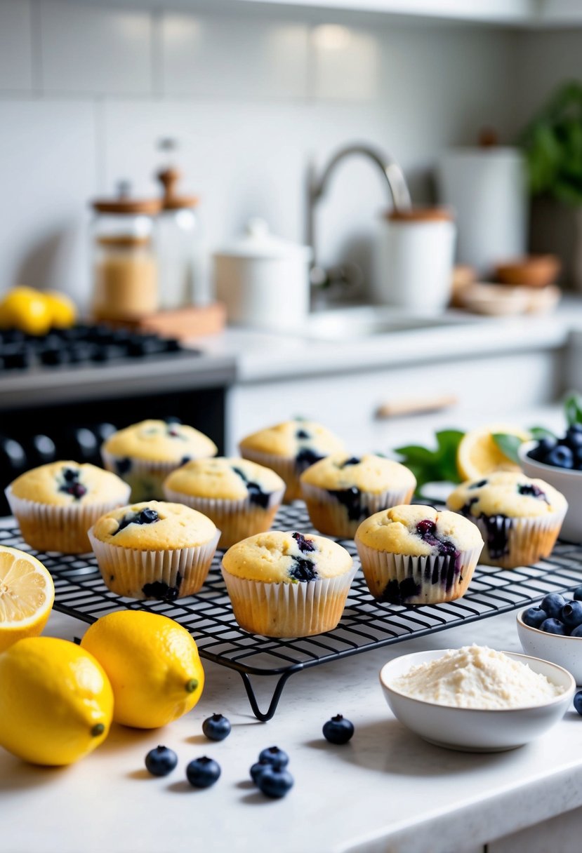 A kitchen counter with a cooling rack of freshly baked lemon blueberry muffins, surrounded by ingredients like lemons, blueberries, and gluten-free flour