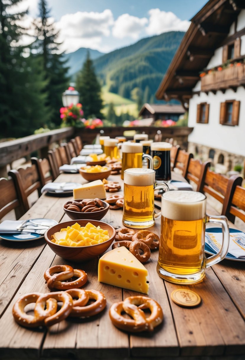 A rustic wooden table with a spread of Obatzda cheese, pretzels, and beer steins, surrounded by alpine scenery and traditional Bavarian decor