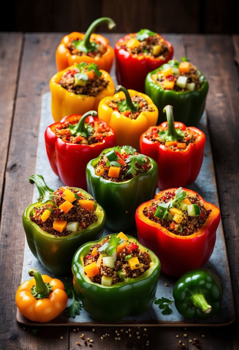 A colorful array of stuffed bell peppers filled with quinoa and various vegetables, arranged on a rustic wooden table