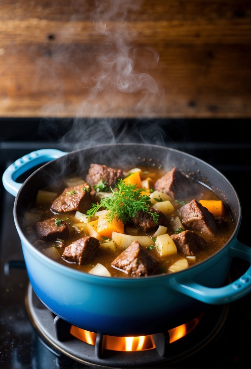 A simmering pot of Pfefferpotthast, filled with tender chunks of beef, onions, and aromatic spices, steams on a rustic wooden stove