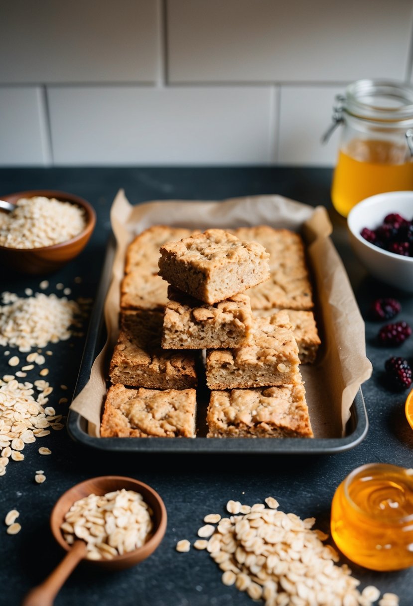 A kitchen counter with a tray of freshly baked gluten-free oatmeal bars, surrounded by ingredients like oats, honey, and dried fruits