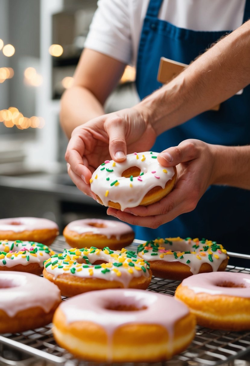 A baker carefully glazes and decorates freshly fried Berliner donuts on a cooling rack