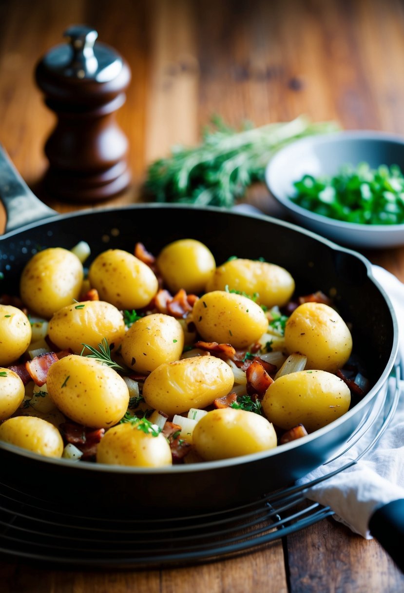 Golden potatoes sizzling in a skillet with onions, bacon, and herbs, creating a mouthwatering aroma