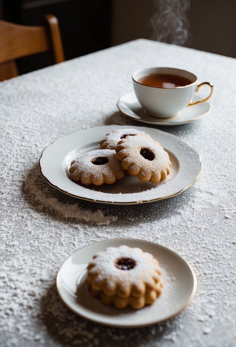 A table covered in powdered sugar, with a plate of Vanillekipferl cookies and a cup of tea