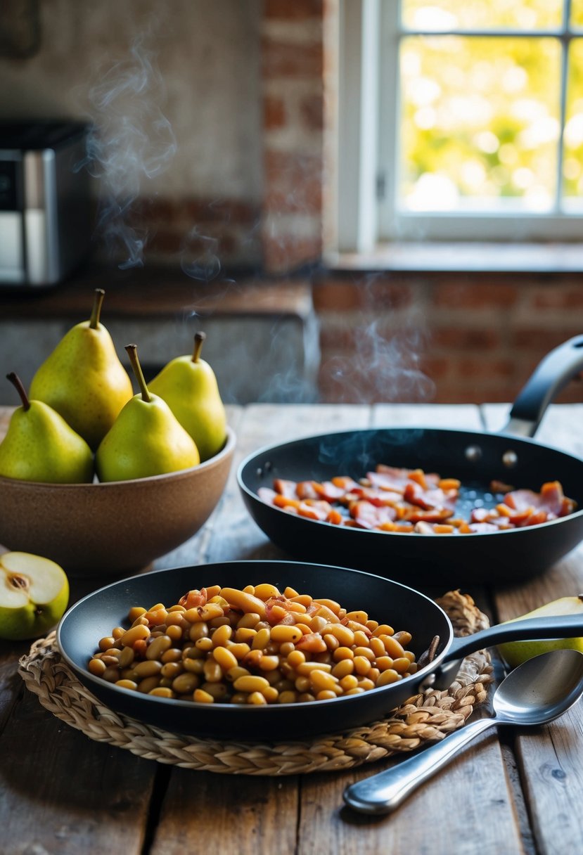 A rustic kitchen table with a bowl of pears, a pile of beans, and a sizzling pan of bacon