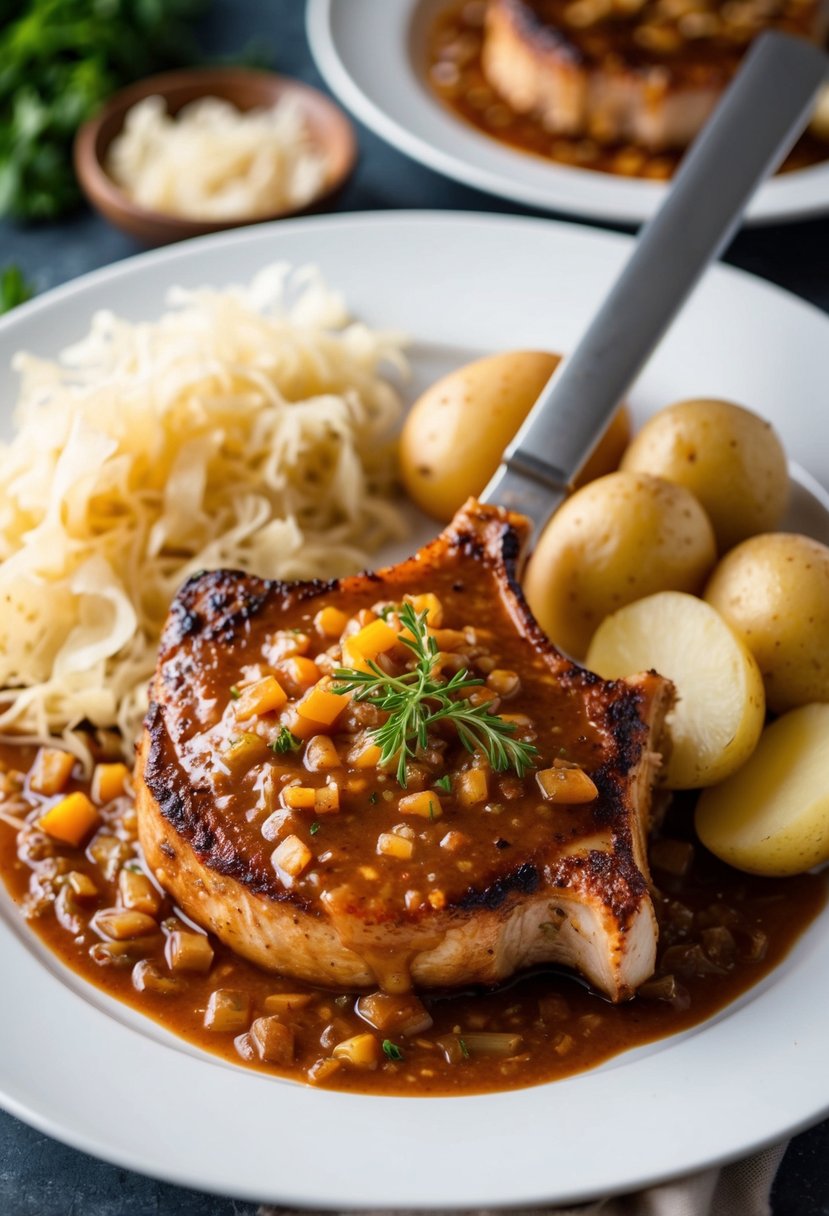 A sizzling pork chop covered in a savory German sauce, accompanied by traditional sides like sauerkraut and potatoes