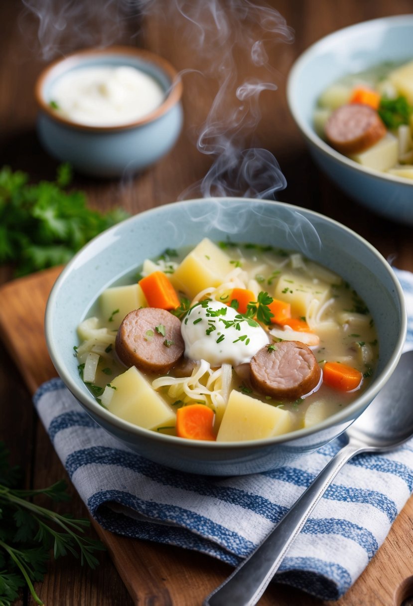 A steaming bowl of sauerkraut soup with chunks of sausage, potatoes, and carrots, garnished with a dollop of sour cream and a sprinkle of fresh herbs