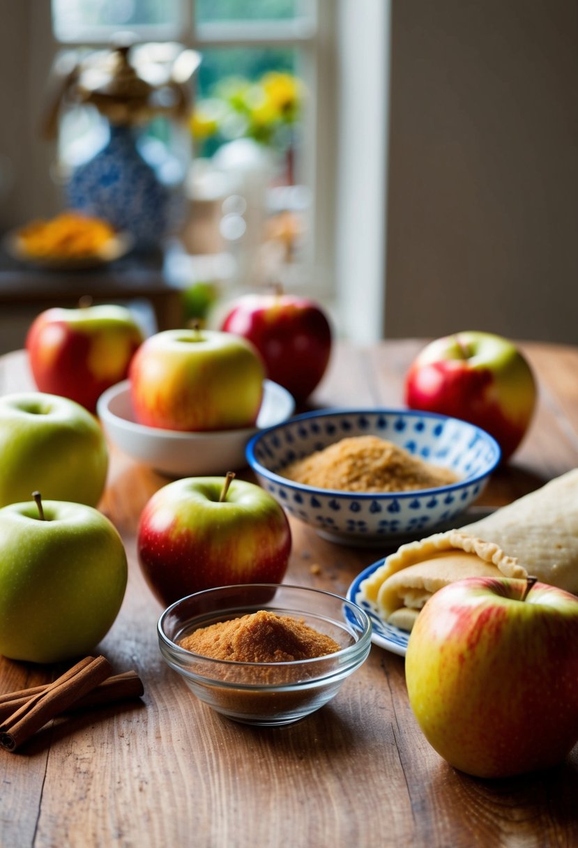 A table set with ingredients for apple strudel, including apples, cinnamon, sugar, and pastry dough