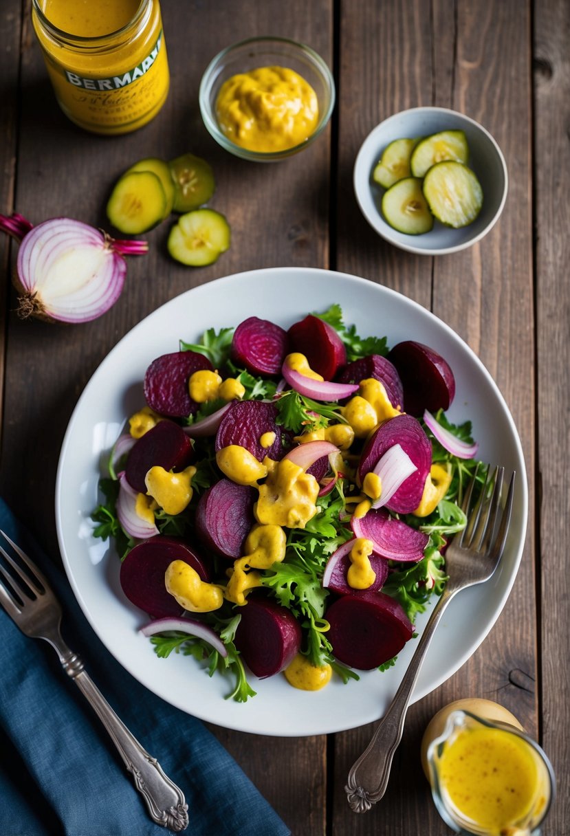 A rustic wooden table set with a colorful beet salad, accompanied by traditional German ingredients like pickles, onions, and mustard dressing