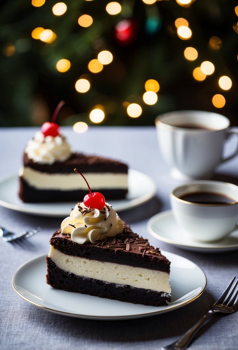 A table set with a slice of Schwarzwaelder Kirschtorte, adorned with whipped cream, chocolate shavings, and a cherry on top